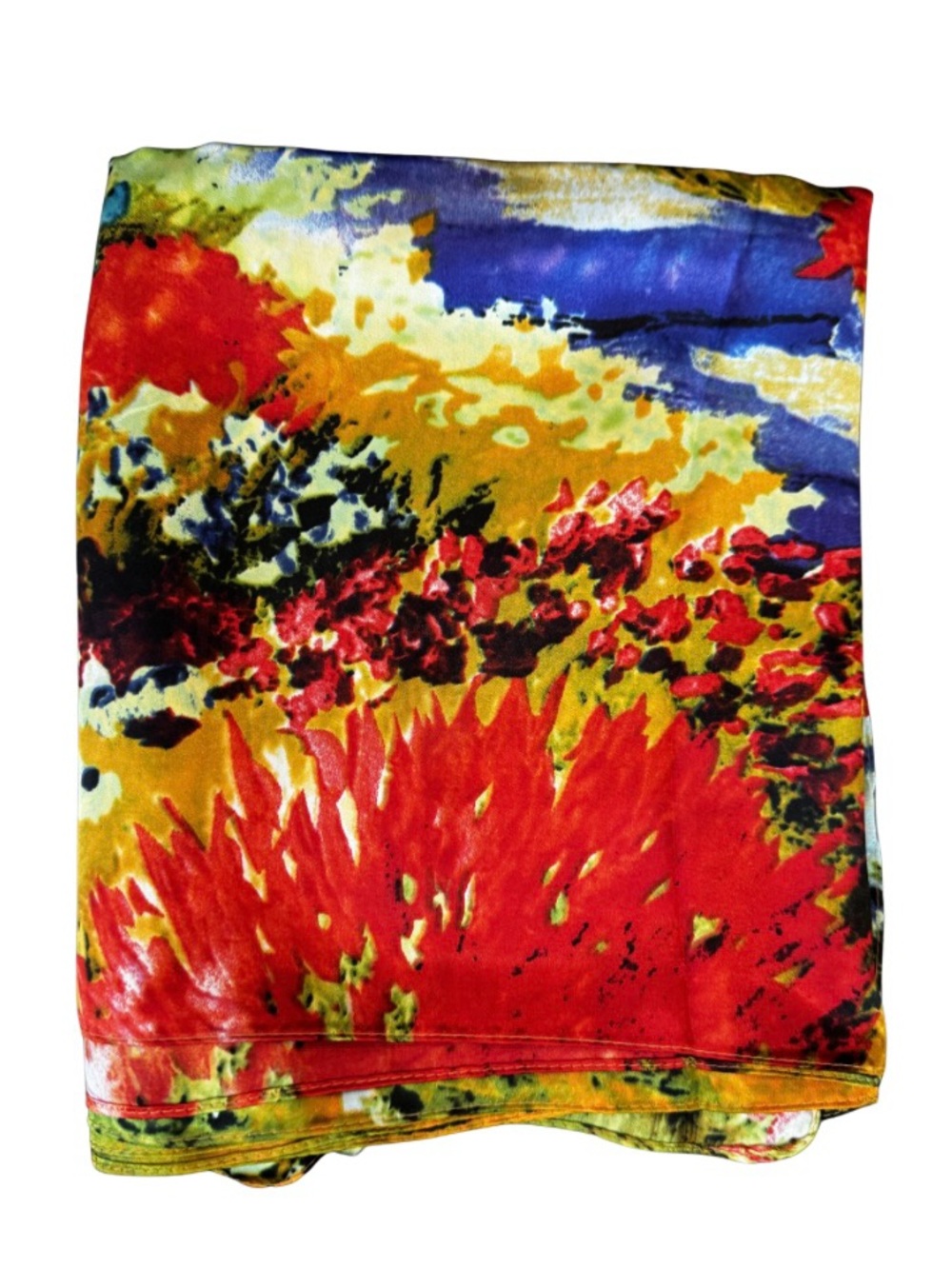 Silk Satin Impressionist Style Scarf with Garden Scene